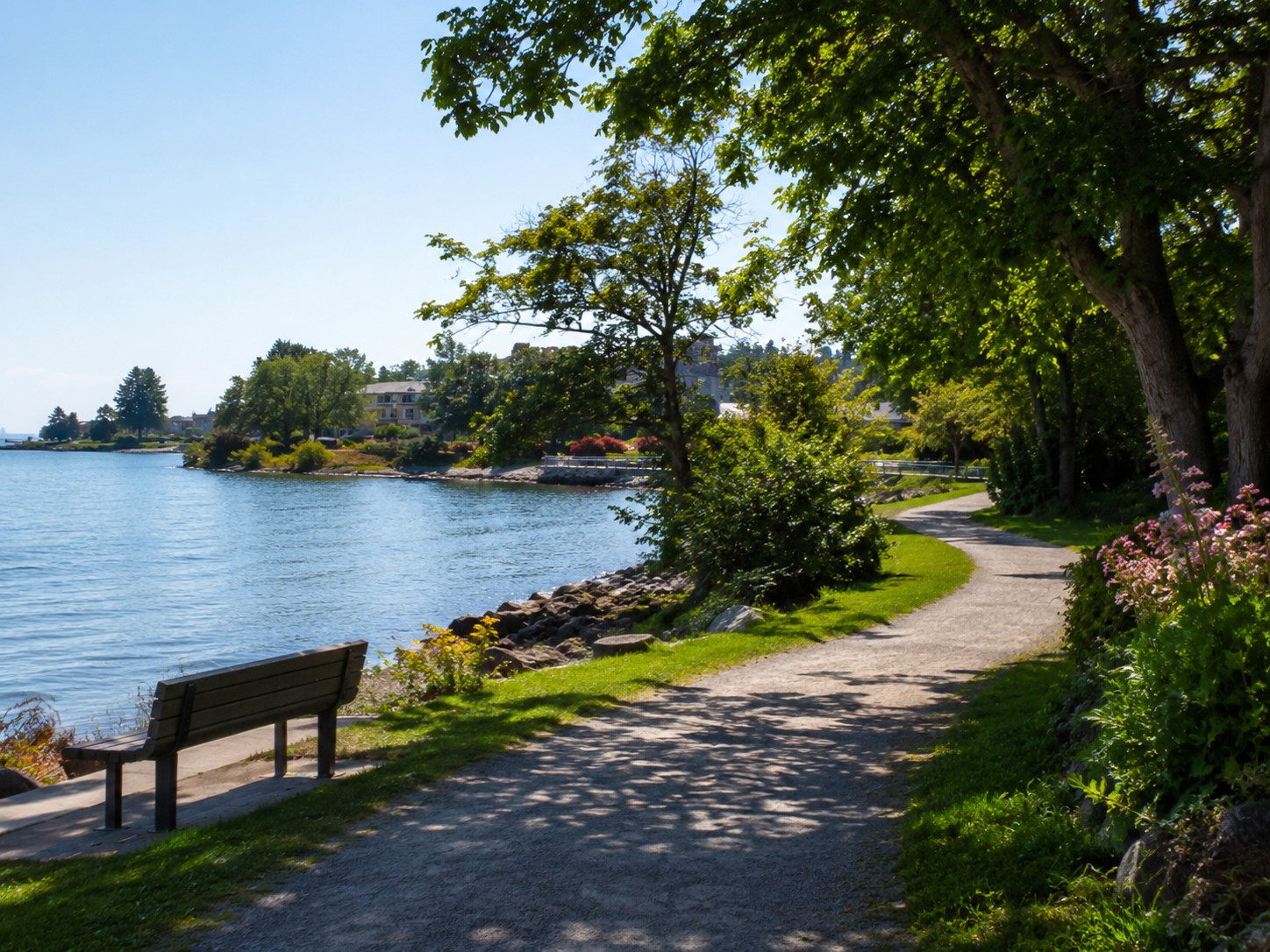 Vic West shoreline path and neighbourhood greenery