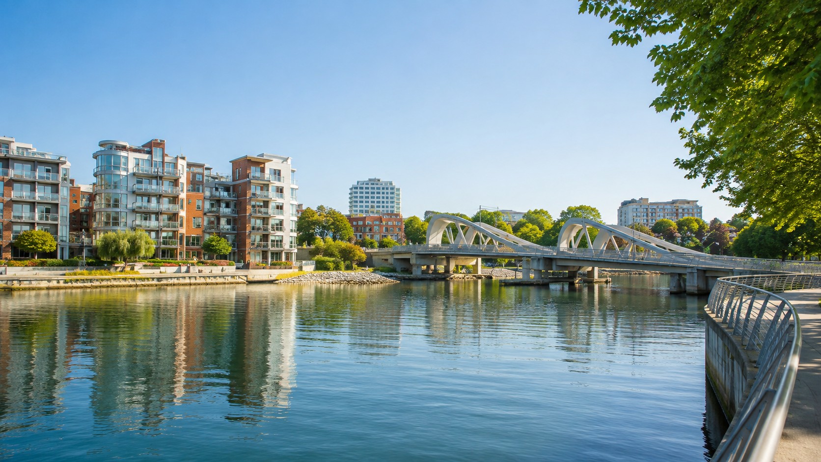 Vic West waterfront with the Johnson Street Bridge and harbour